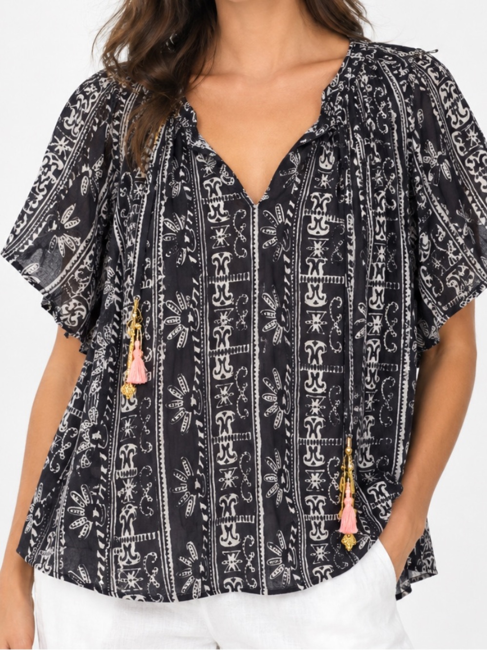 Alicia bell silk/cotton boho geometric print flowy blouse with tassels sz s